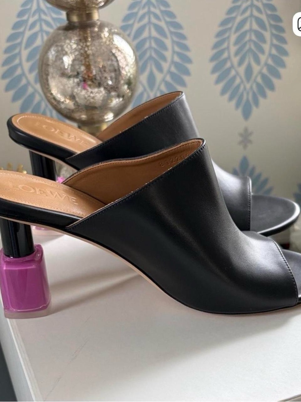 Loewe Black Leather Open-Back Mule Heels with Pink Accent Heel